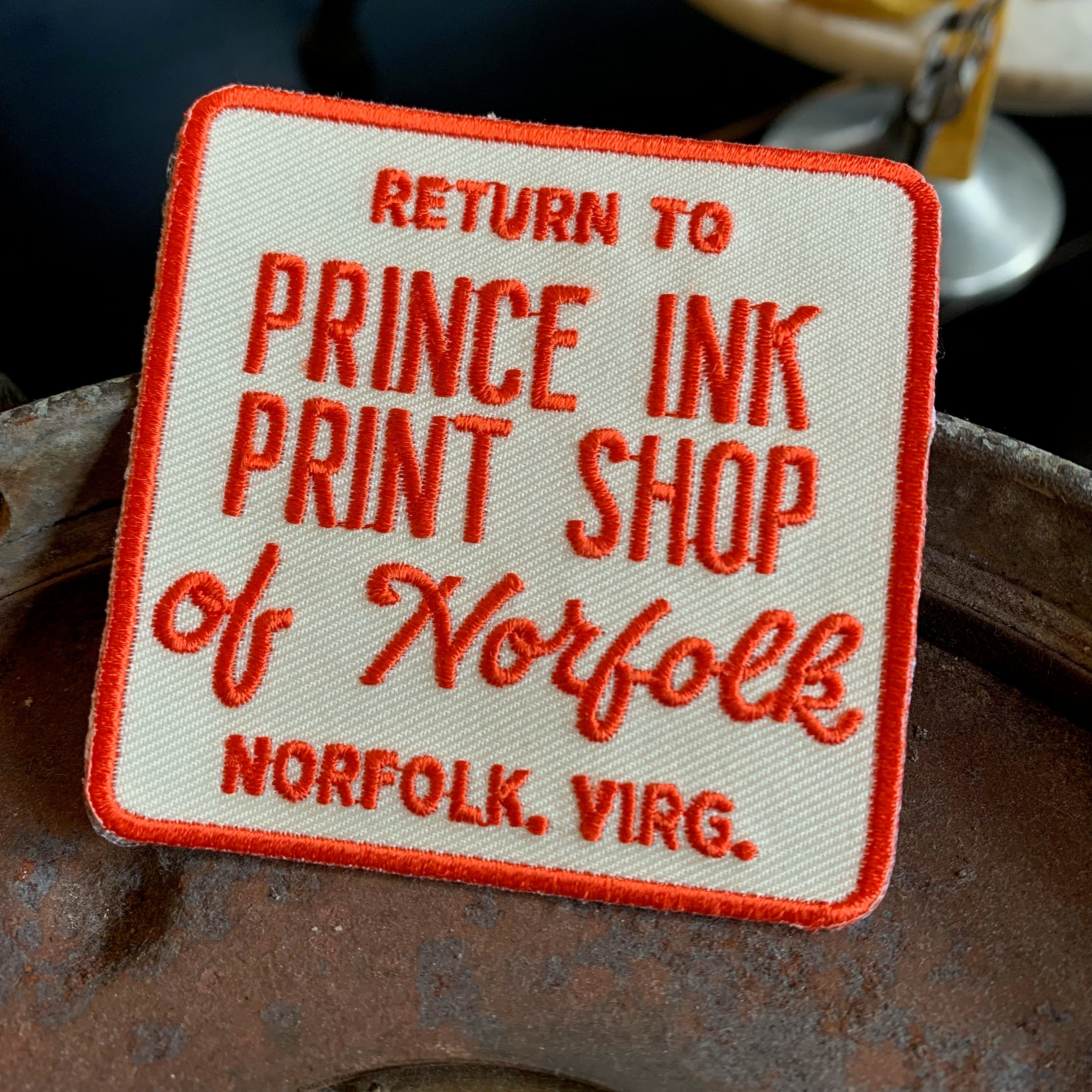 Embroidered patch, "Return to Prince Ink Print Shop of Norfolk, VA"