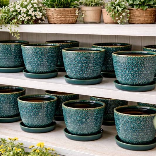 Modern Teal Embossed Planter with Saucer