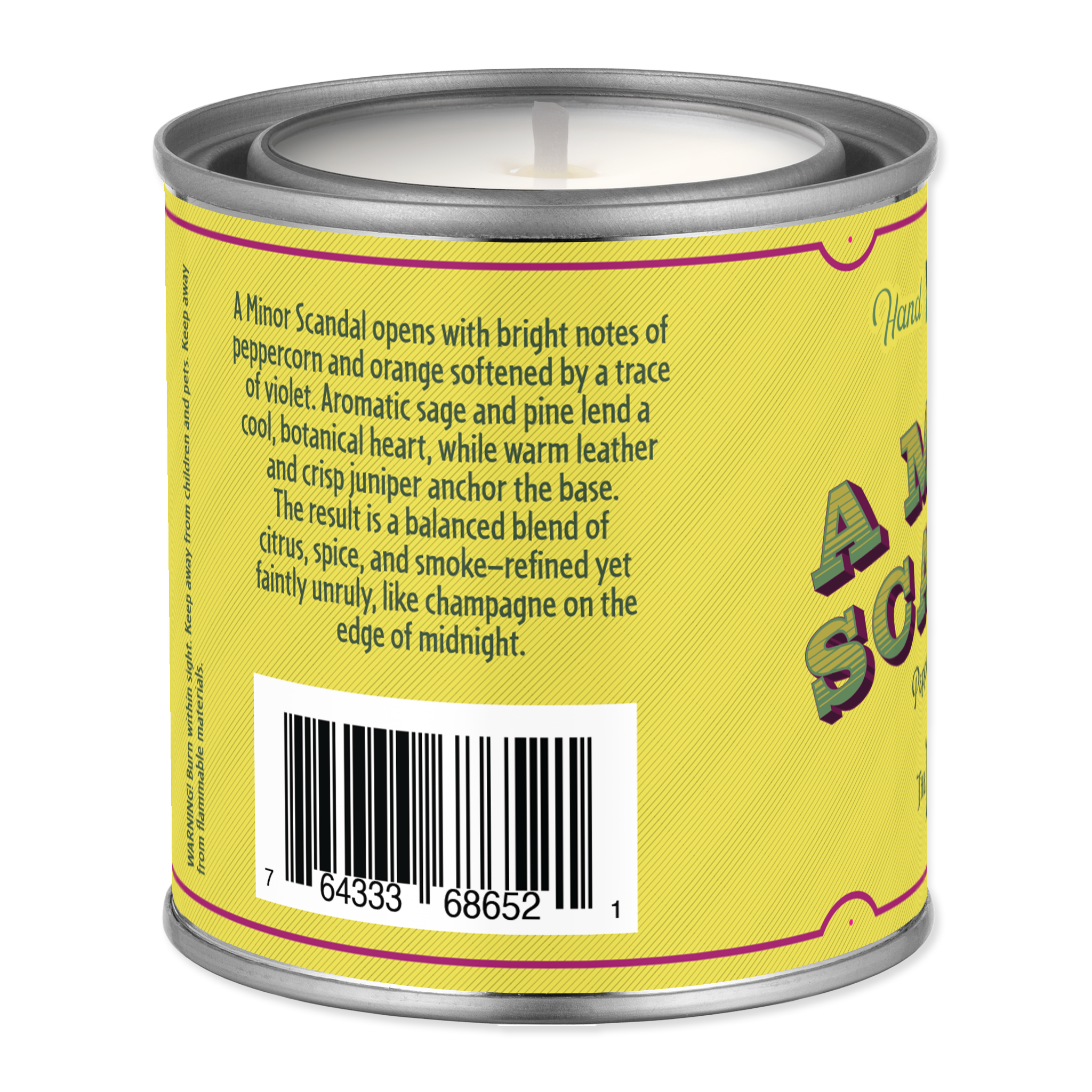 Back of a yellow can with text and a barcode on a white background