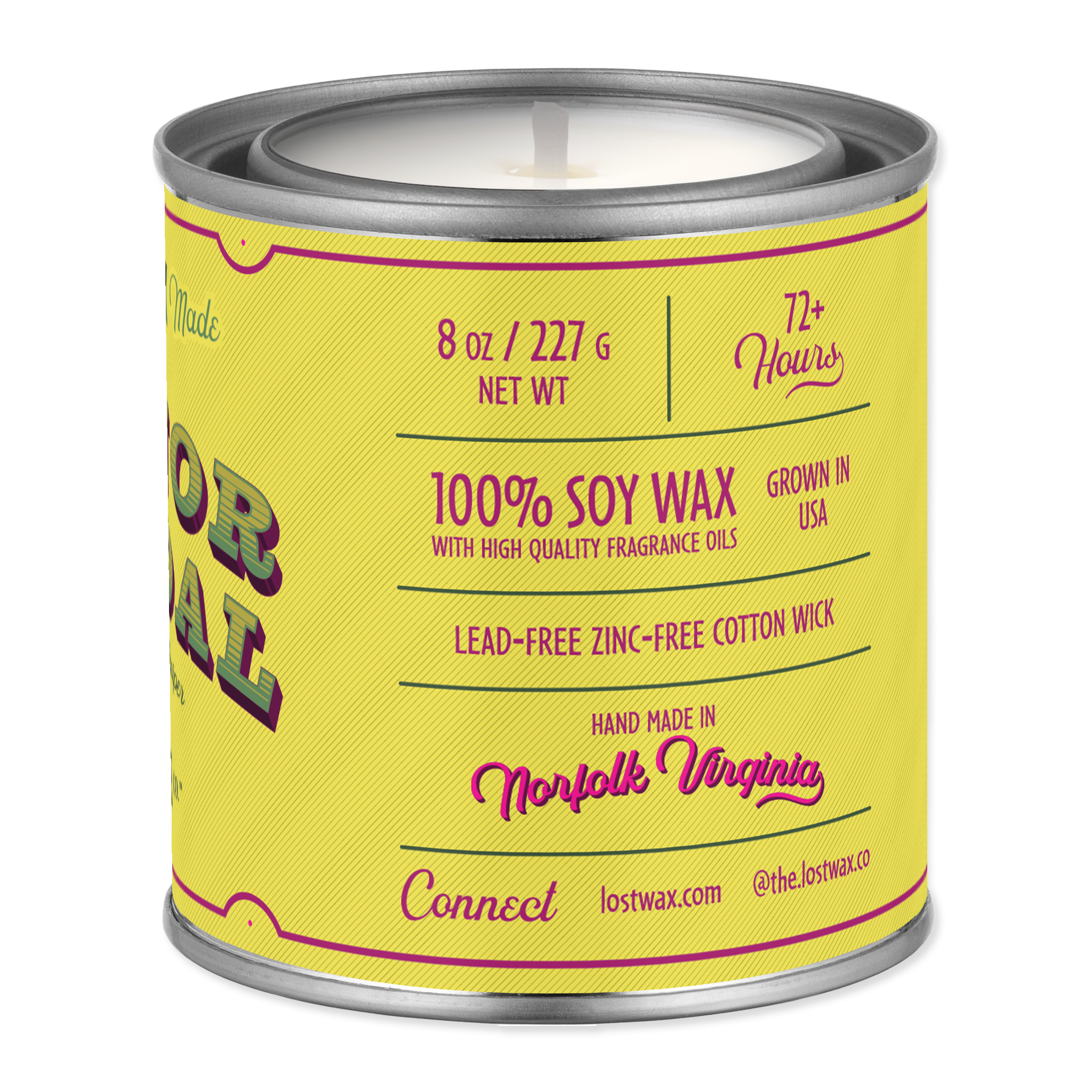Yellow candle canister with text on a white background