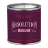 Purple candle container labeled 'Absolution' by The Lost Wax Co. on a white background