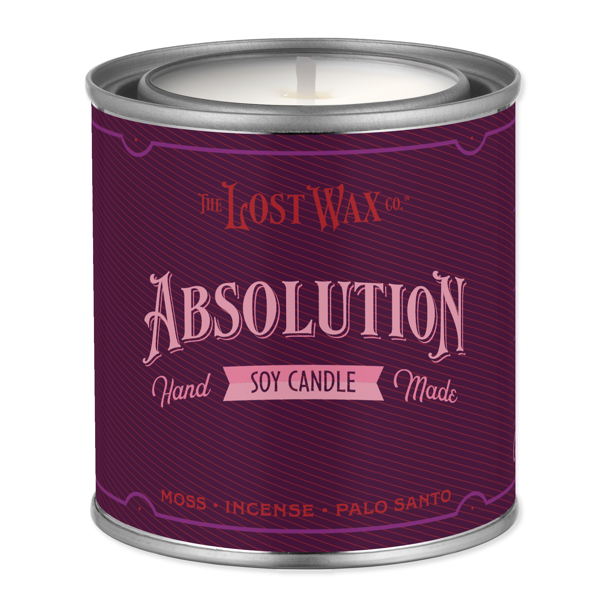 Purple candle container labeled 'Absolution' by The Lost Wax Co. on a white background