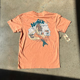 Back of an orange t-shirt printed with a vintage mermaid design including Norfolk Virginia