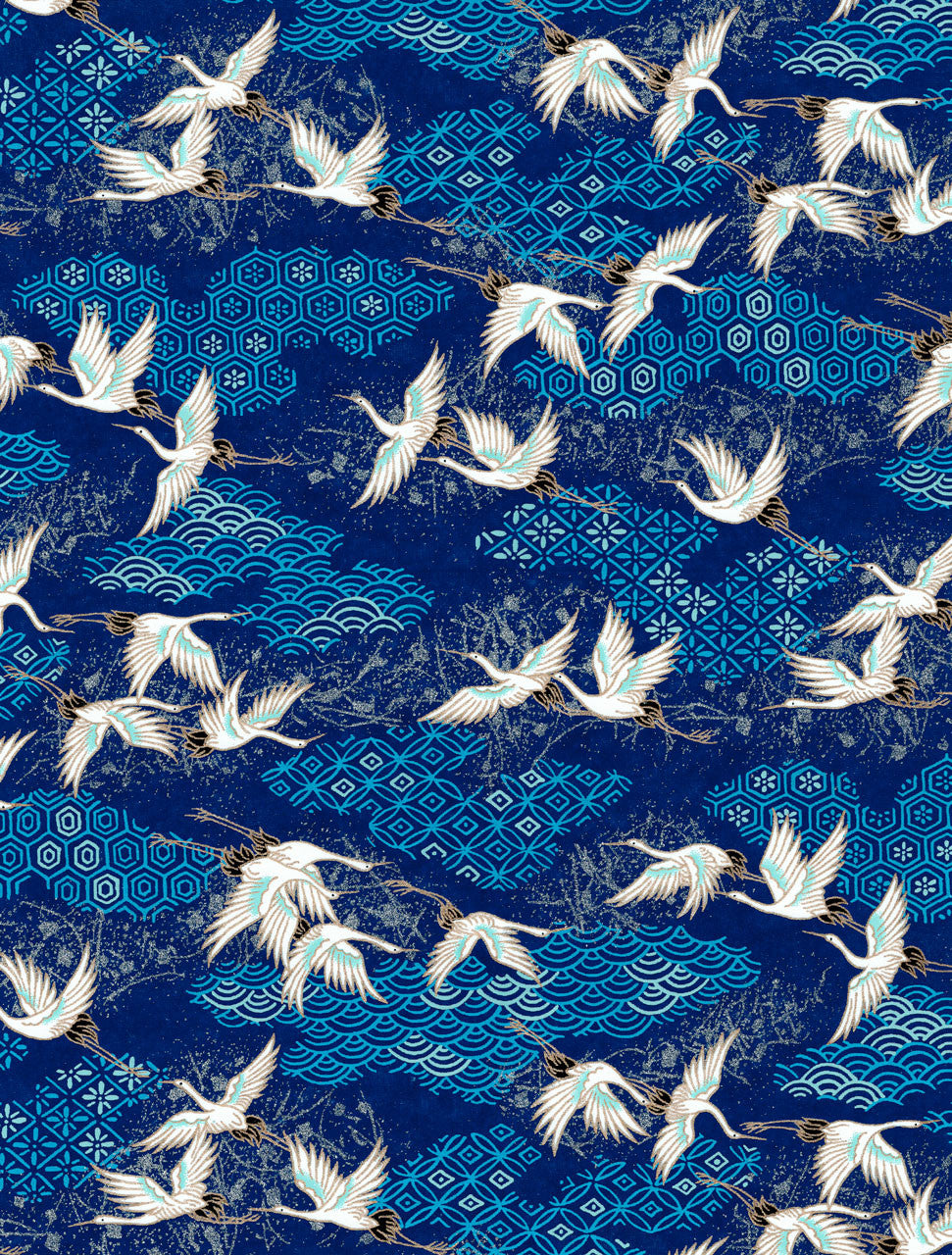 Pattern of white cranes on a blue background with geometric designs