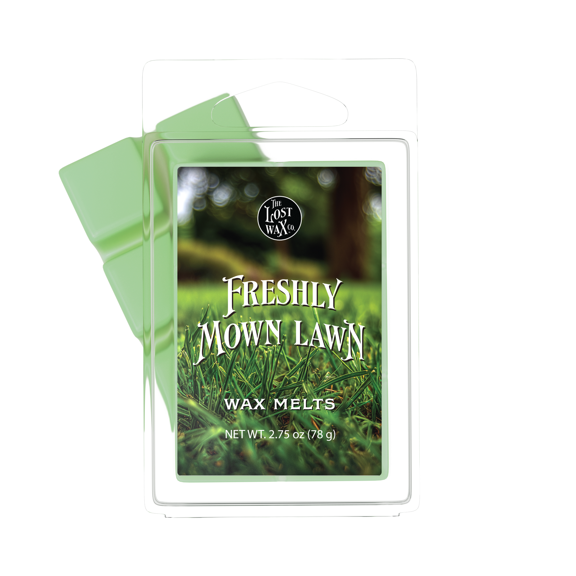 Wax melts packaging labeled 'Freshly Mown Lawn' by The Lost Wax Co.