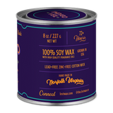 Soy wax candle with branding and product details on a white background
