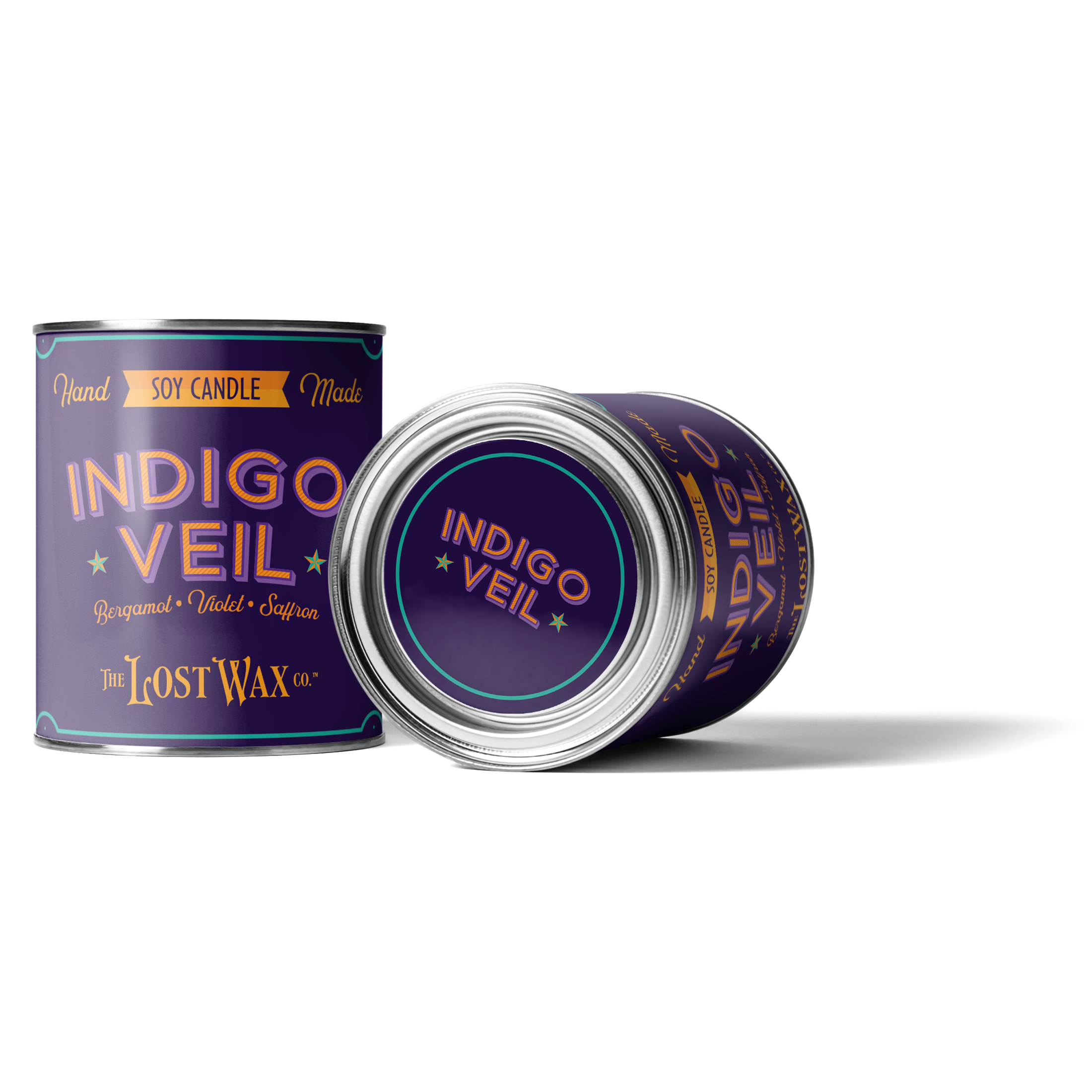 Two half-pint metal paint cans with labels that read "Indigo Veil" Hand Made Soy Wax Candle.