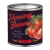 Candle tin labeled 'Morning Harvest' with tomato design on a white background