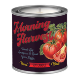 Candle tin labeled 'Morning Harvest' with tomato design on a white background