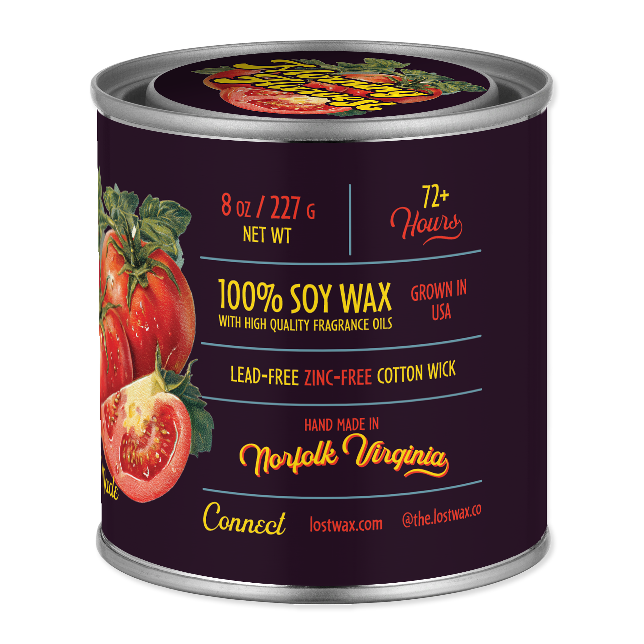 Can of soy wax with tomato design and text on a white background