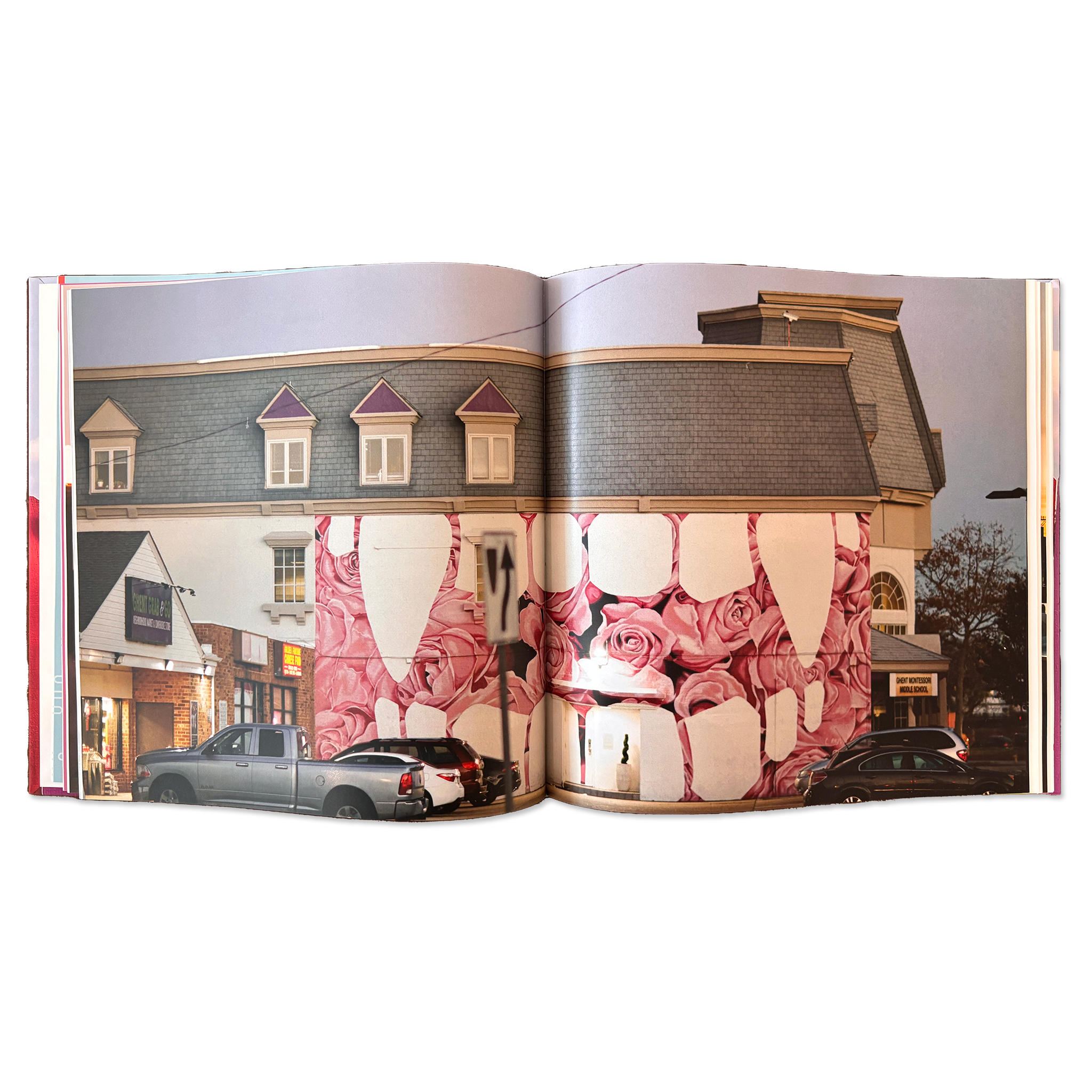 double-page spread of a photograph of a building with a mural painted on the side, depicting vampire teeth and pink roses