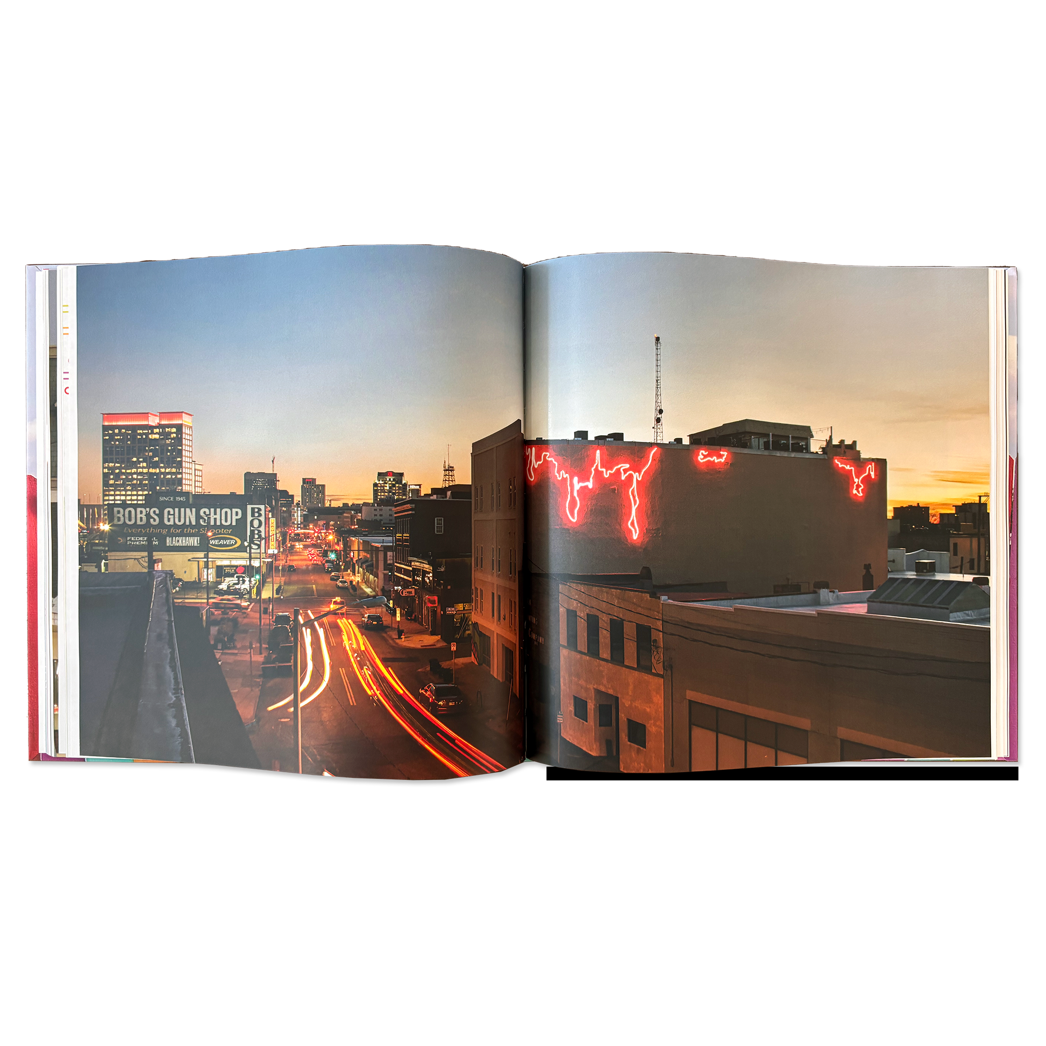 Double-page spread with a nighttime long exposure photograph of Granby street.