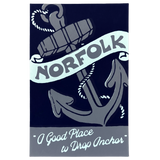 Nautical-themed postcard with anchor and 'Norfolk' text on a dark blue background