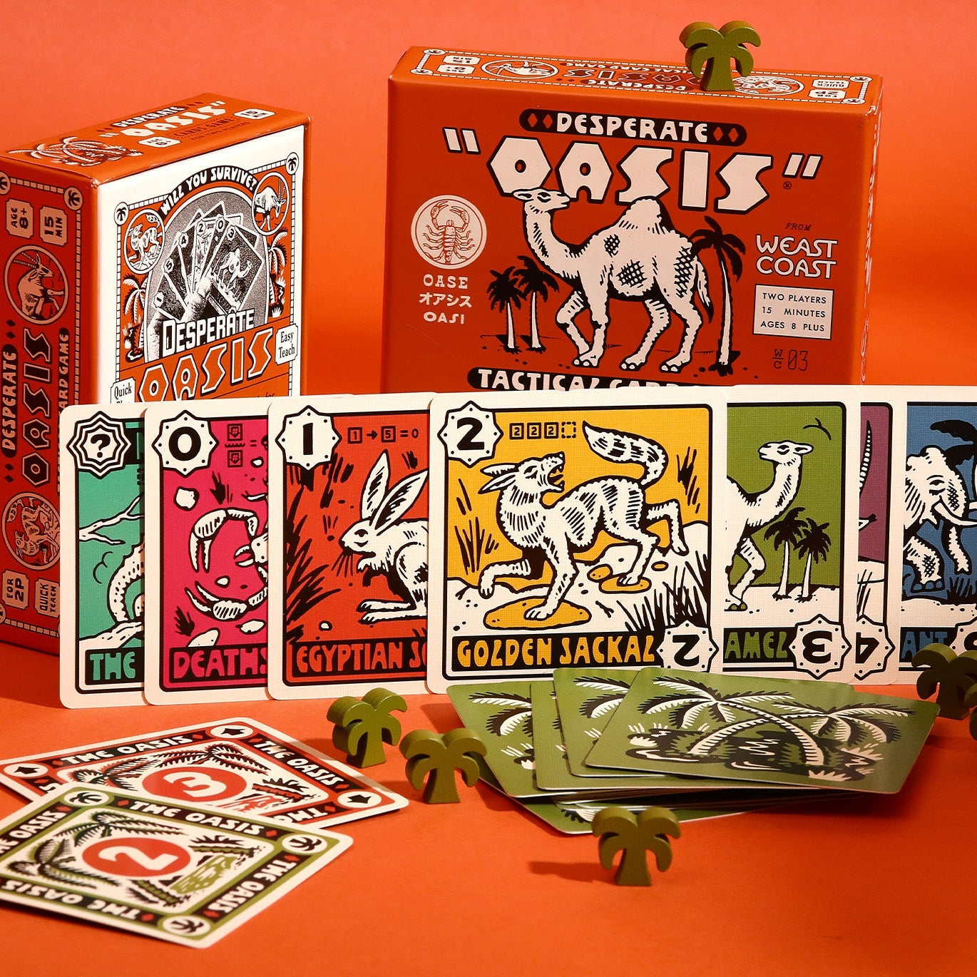 Game cards and palm tree tokens on an orange background