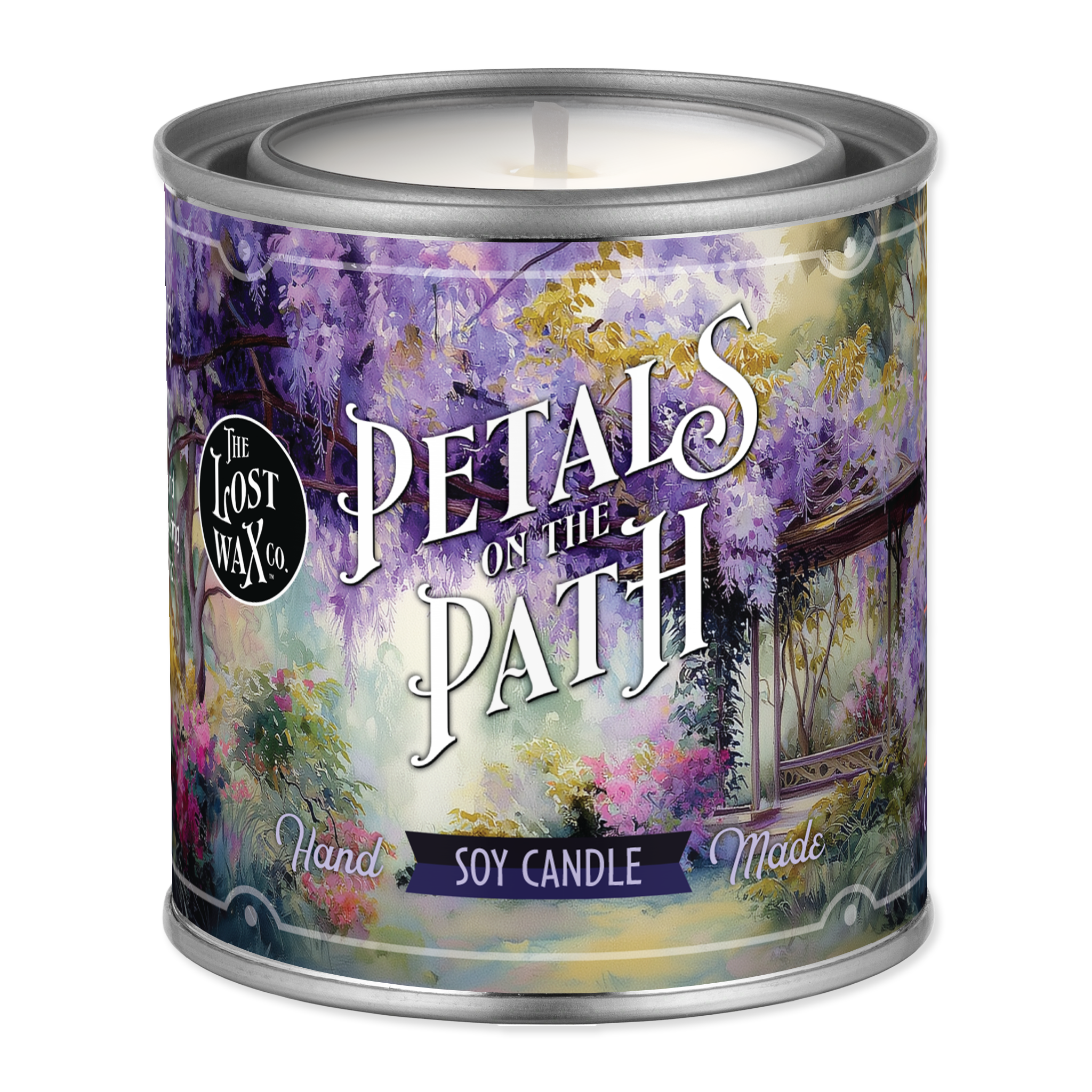 Candle in a decorative tin with 'Petals on the Path' design and 'The Lost Wax Co.' branding.