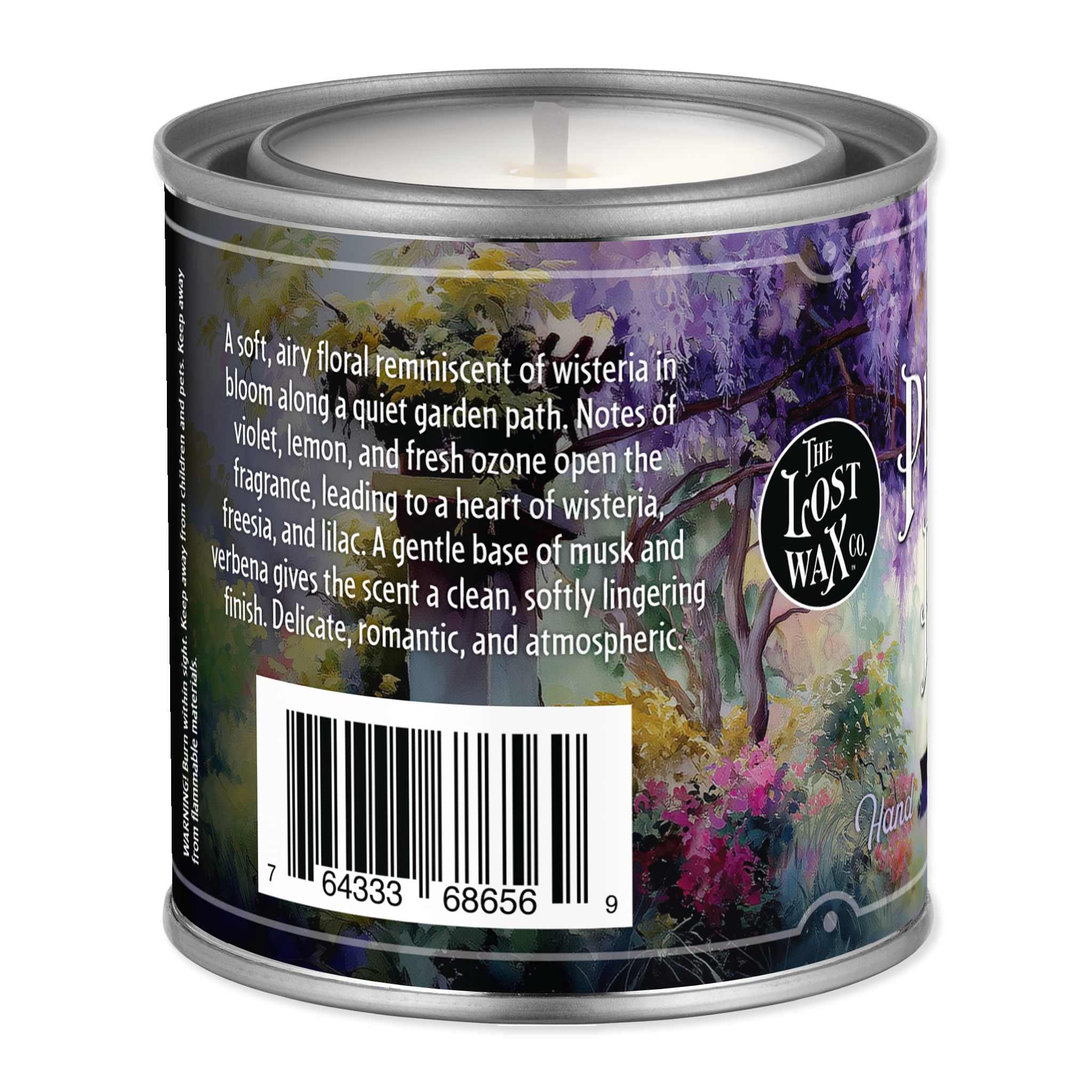 Candle in a can with a floral label and description on a white background