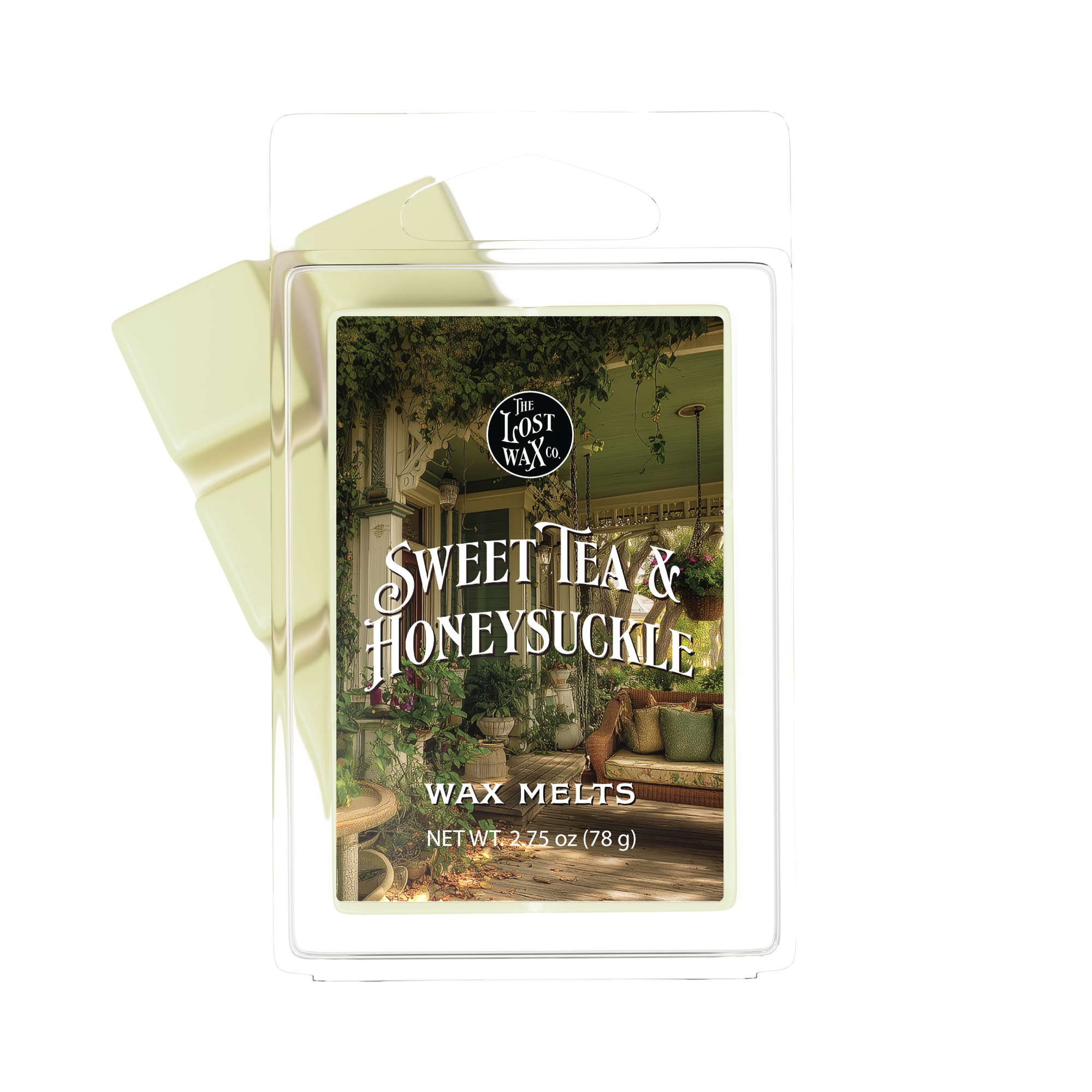 Pack of 'Sweet Tea & Honeysuckle' wax melts with packaging on a white background