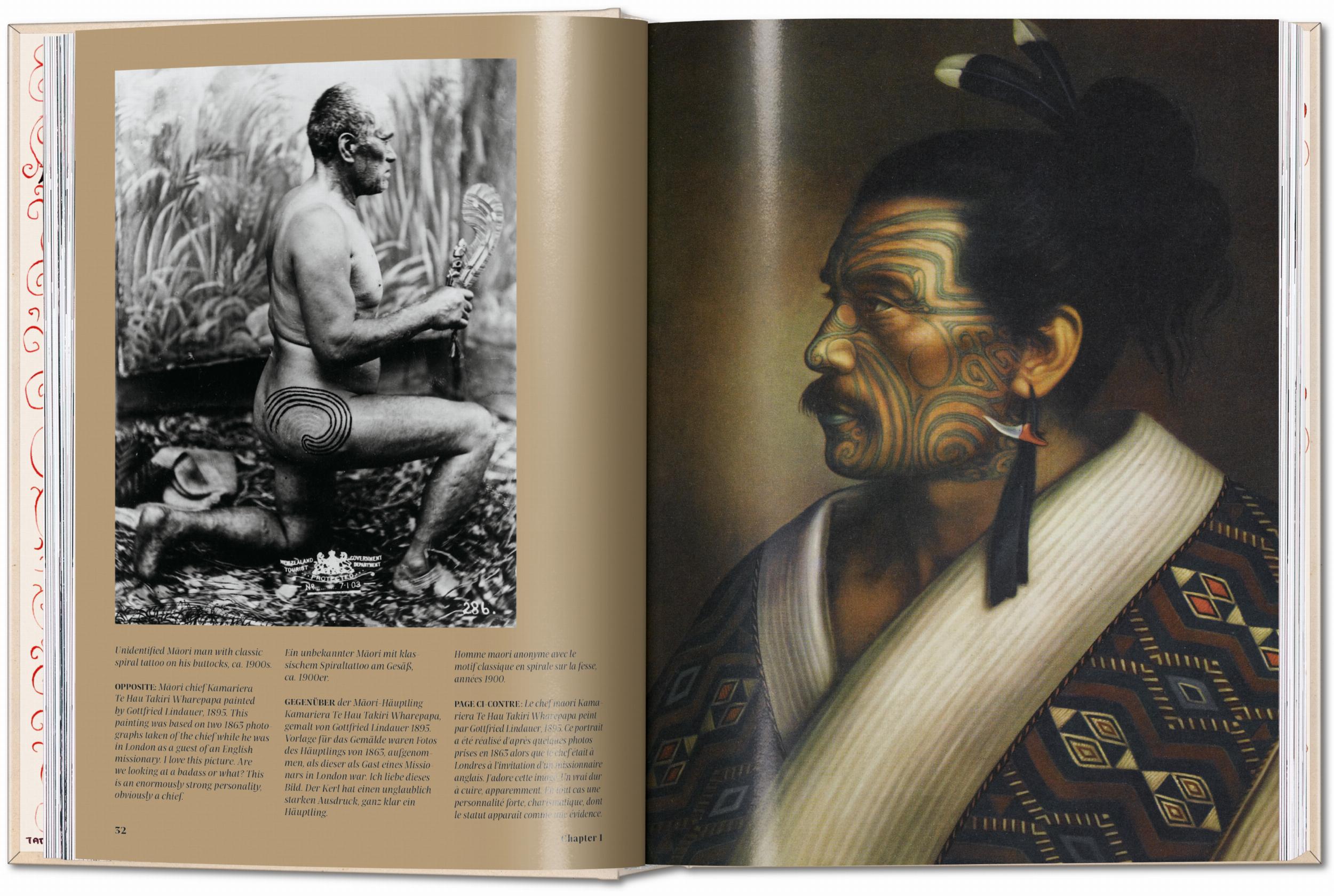 Double-page spread of an article with images of Maori men with tattoos.