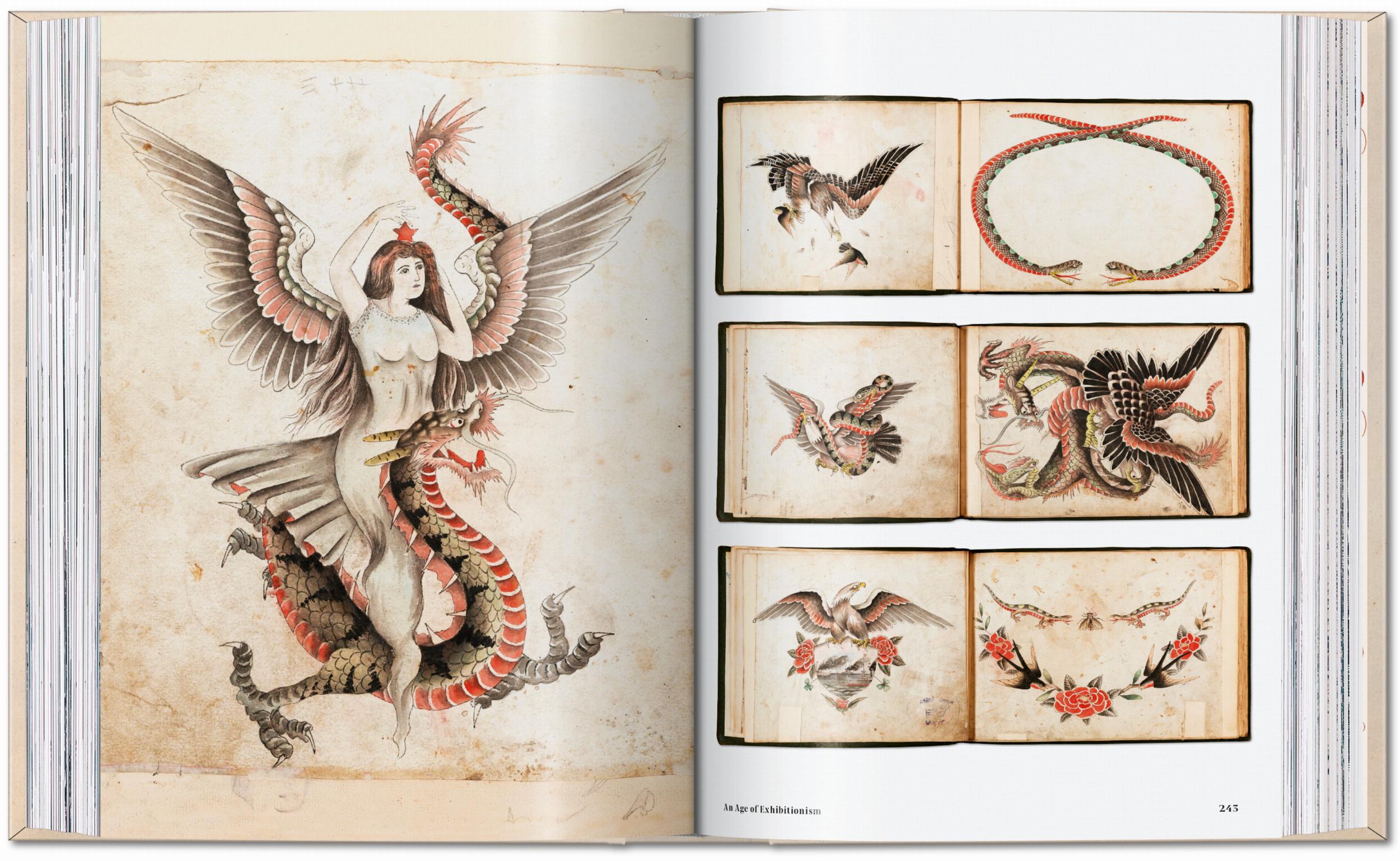 Double-page spread showing antique watercolor tattoo designs with subjects such as snakes, dragons, eagles, and flowers.