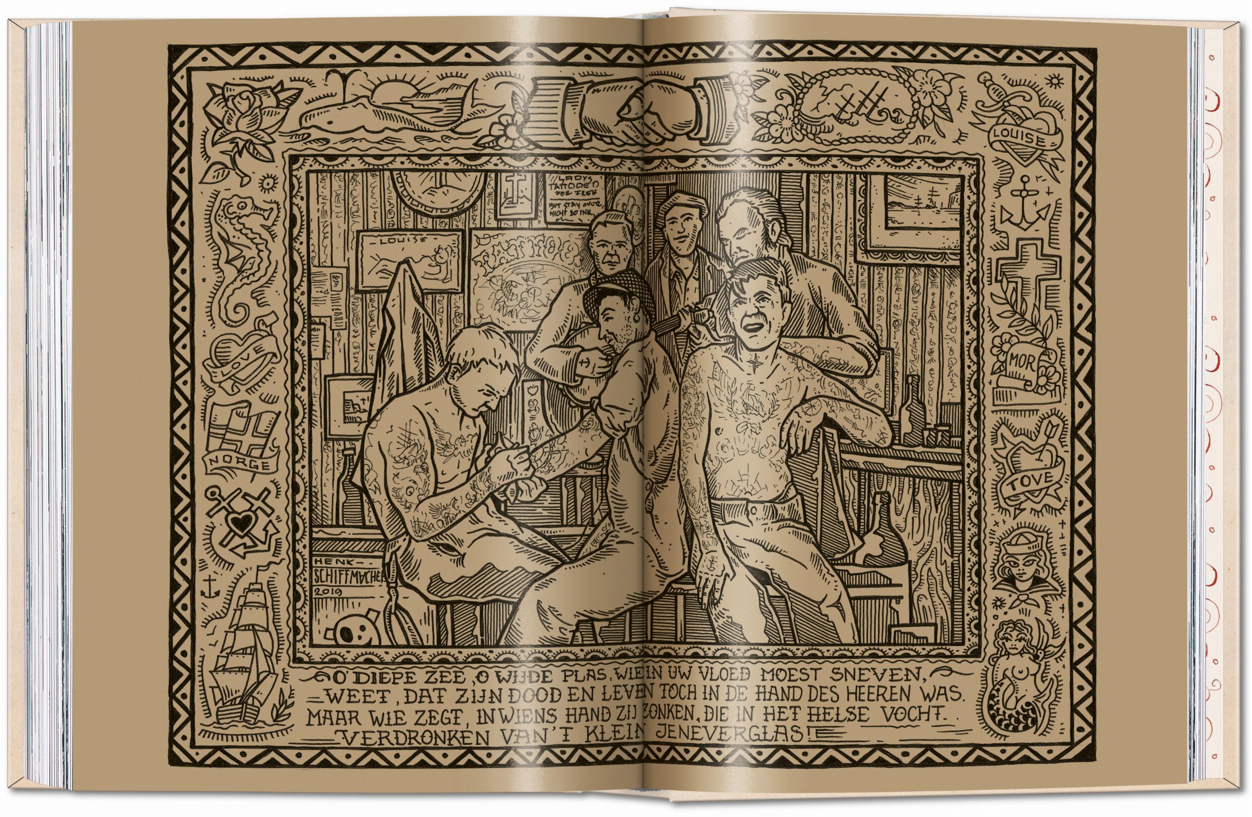 Double-page spread of an illustration in black ink of men getting tattooed, and a border filled with tattoo flash drawings.