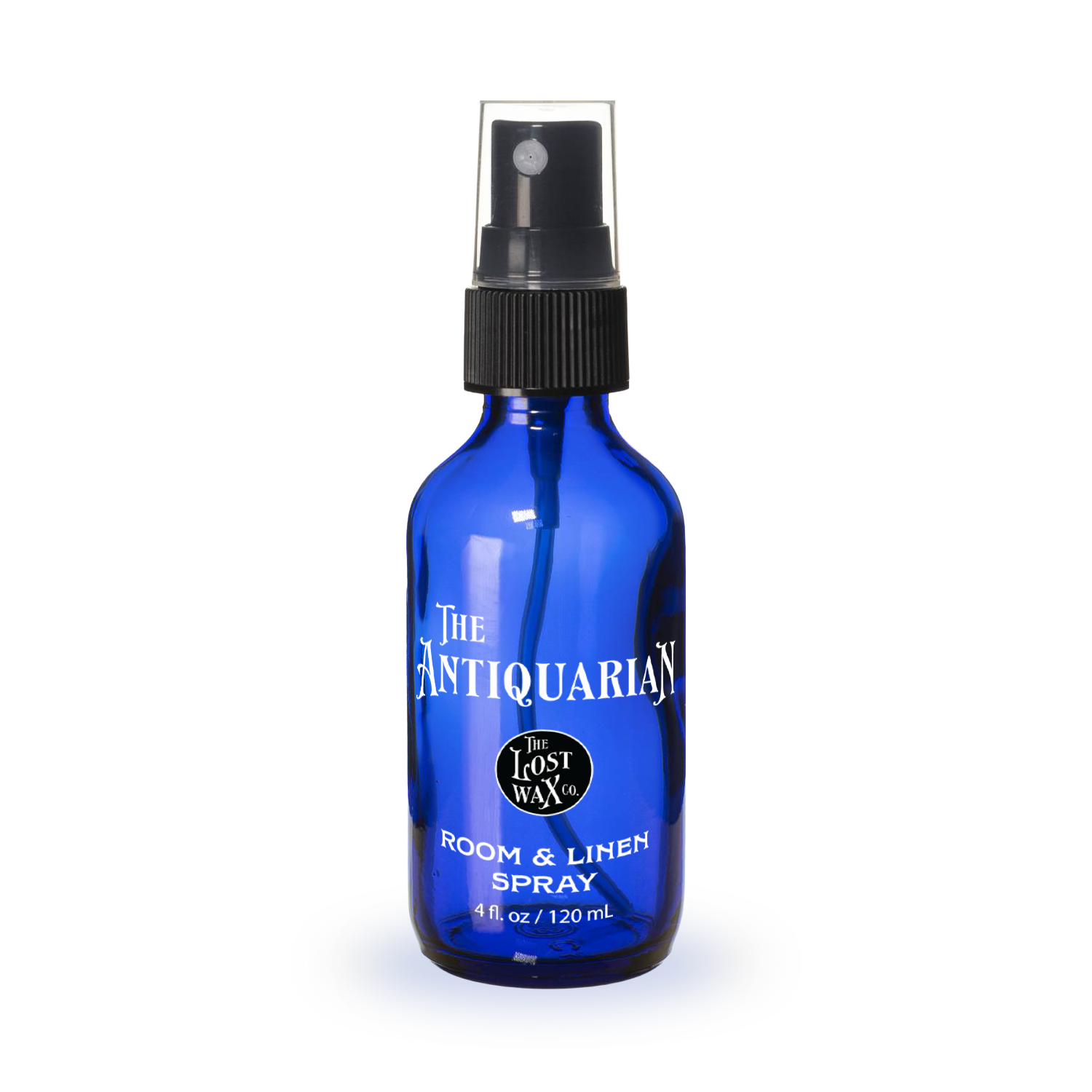 Blue spray bottle with a label on a white background