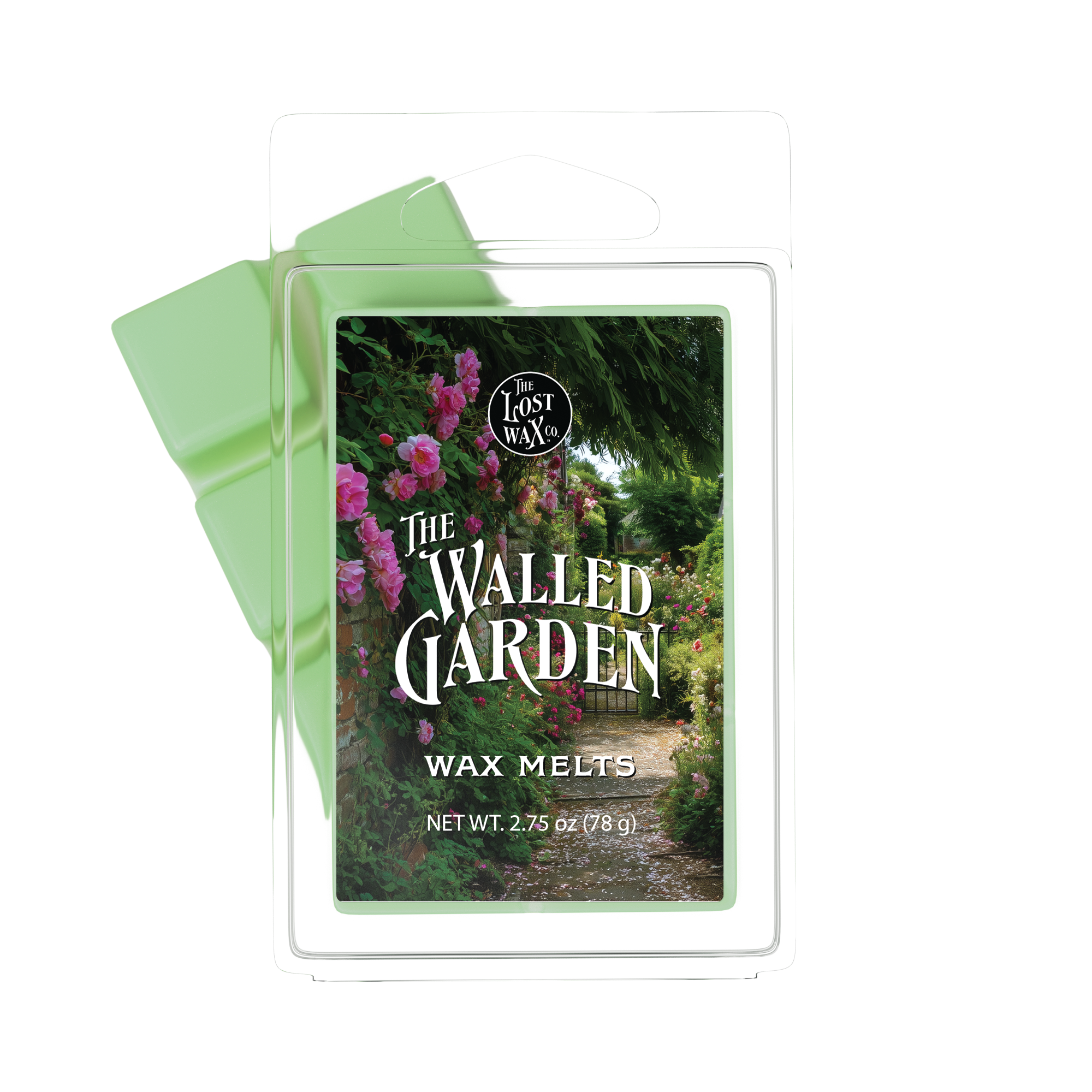 Wax melts packaging with 'The Walled Garden' design on a white background