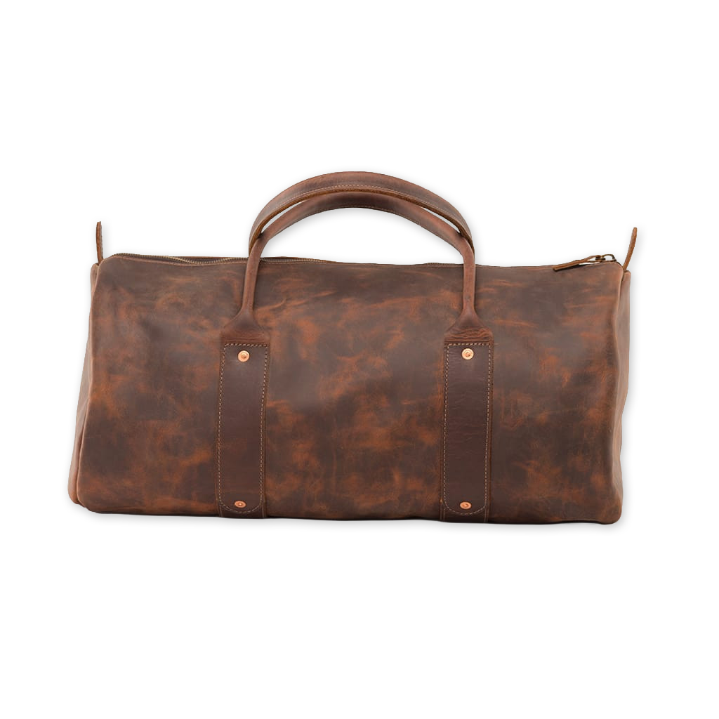A brown distressed leather duffel bag with a top handle, shown against a plain white background.