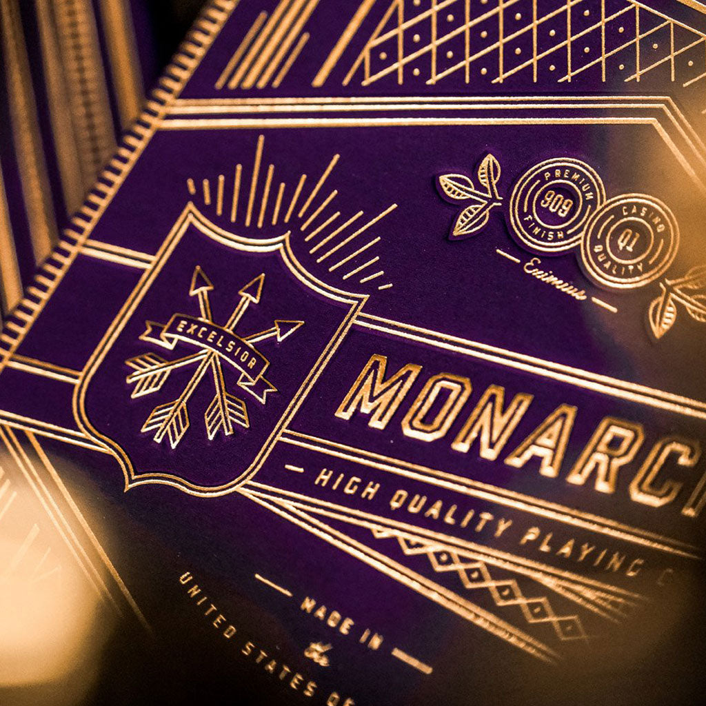 Close-up of a box of Purple Monarch playing cards