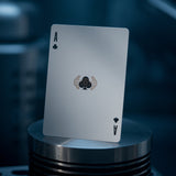 Ace of spades card on a metallic stand with a blurred background