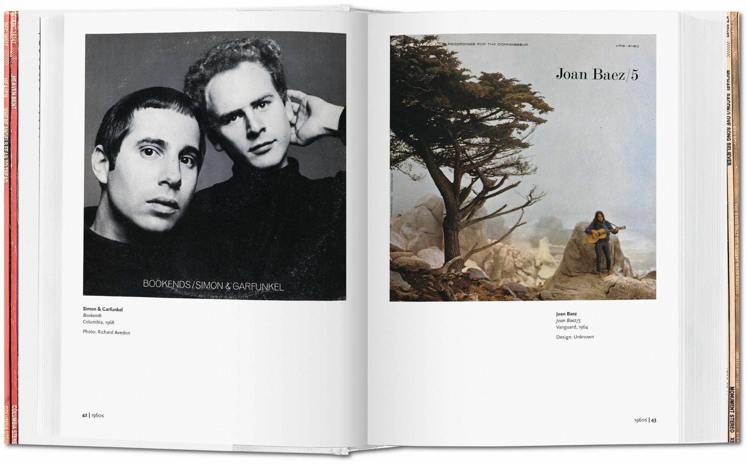 Double-page spread featuring two vinyl albums by Simon & Garfunkel, and Joan Baez