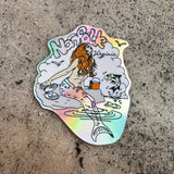 Screen printed holographic sticker of a retro mermaid and "Norfolk Virginia" in the background.