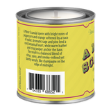 Back of a yellow can with text and a barcode on a white background