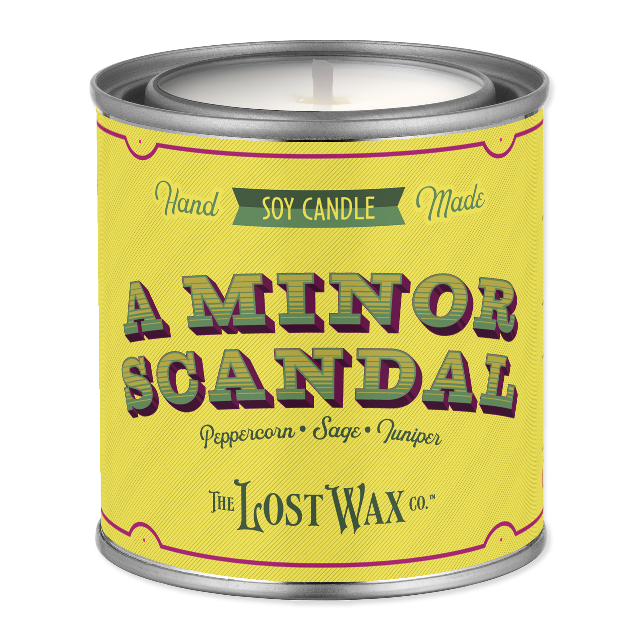 Candle canister labeled 'A Minor Scandal' by The Lost Wax Co. on a white background