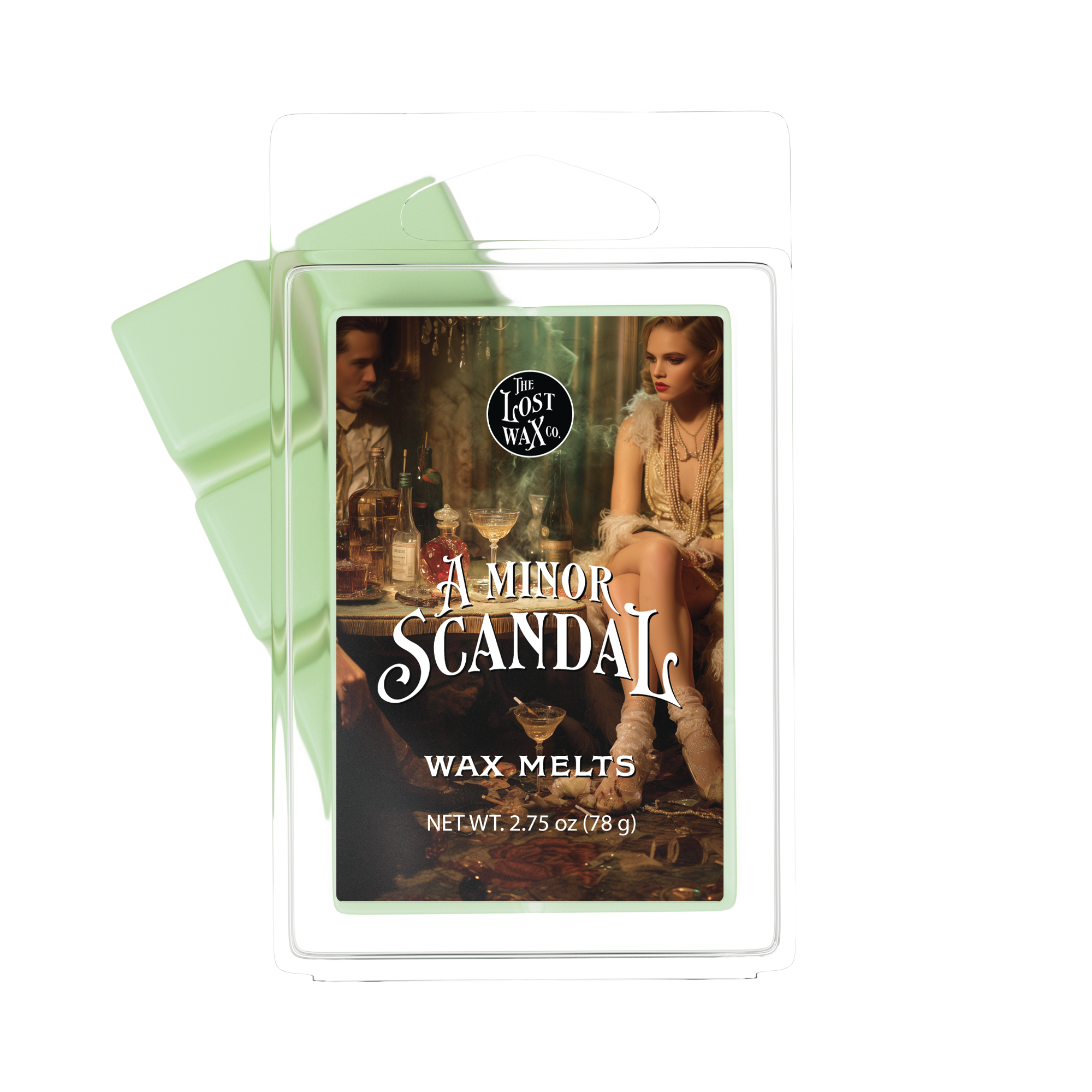 Wax melts packaging with 'A Minor Scandal' design on a white background