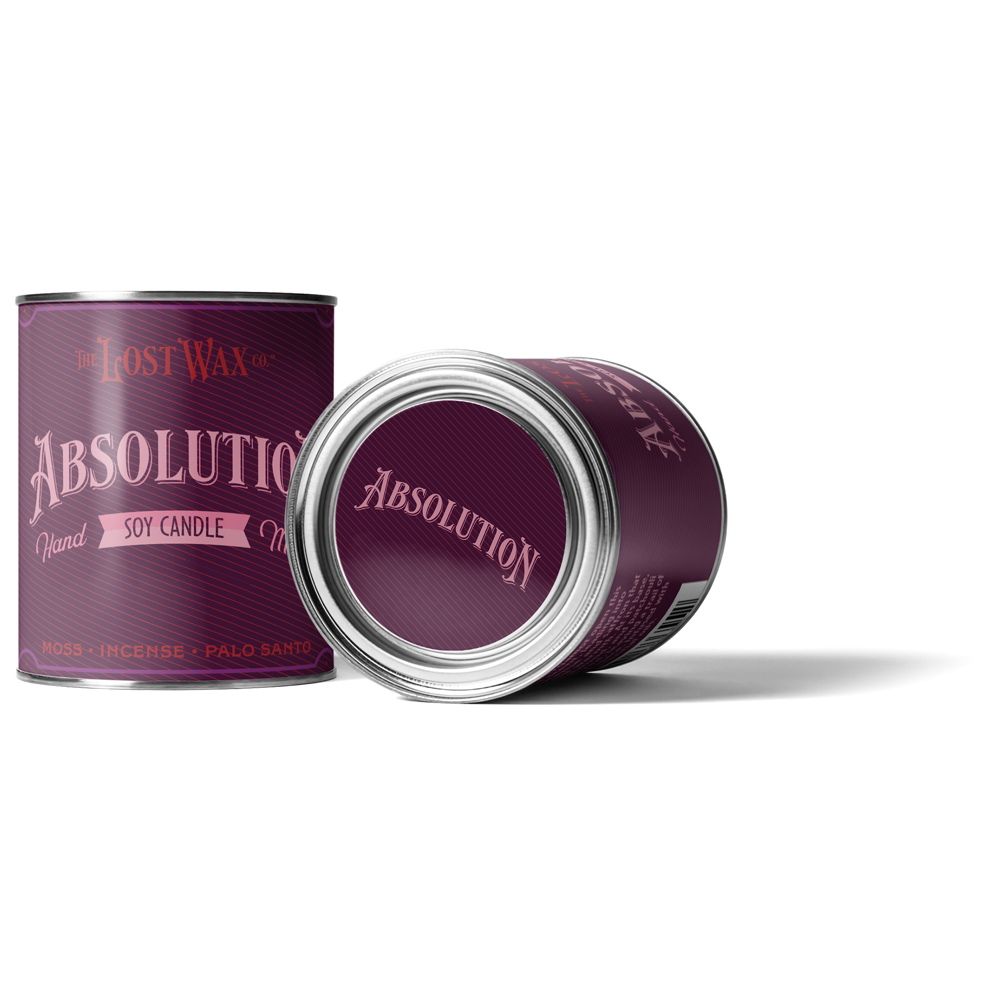 Purple candle tin labeled 'Absolution' with a white background