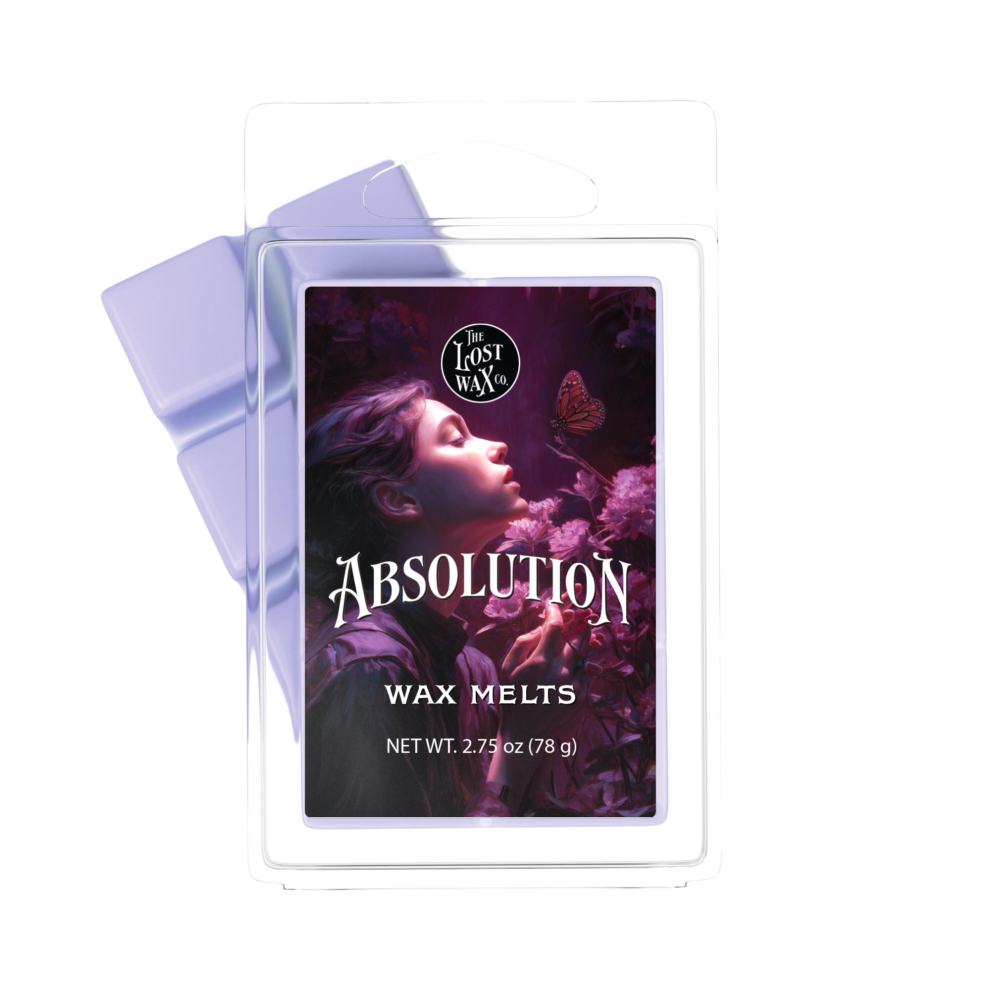 Absolution Wax melts packaging with 'The Lost Wax Co.' branding on a white background