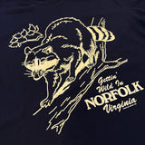 Closeup of tee with racoon and the text "Gettin' Wild In Norfolk Virginia"