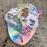 Screen printed holographic sticker of a retro mermaid and "Norfolk Virginia" in the background.