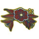 A chainstitch floral patch featuring a large red flower with blue and white outlines, surrounded by red and blue leaves on a mustard yellow background, isolated on a white background.
