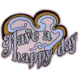 A shaped embroidered patch with the phrase 'Have a happy day' in stylized script, featuring a light pink background, lavender and gold heart outlines, and dark brown and black stitched borders, shown on a plain white background.