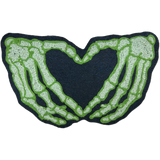 Chainstitch patch depicting two skeleton hands forming a heart shape.