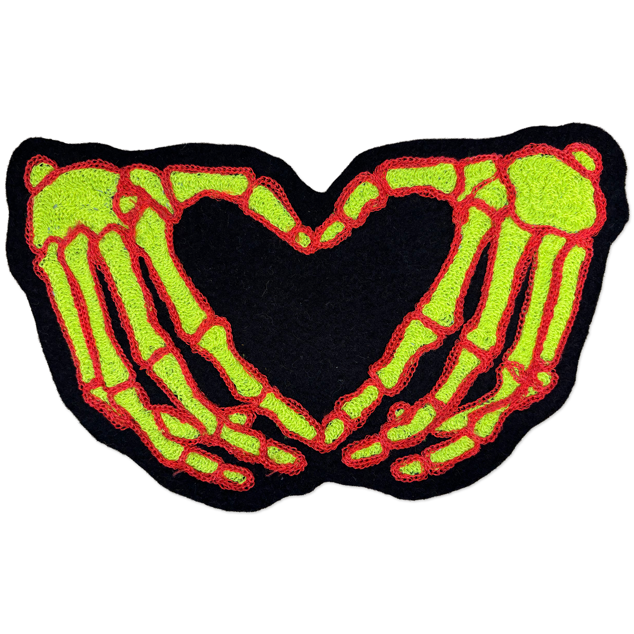 Chainstitch patch of two skeleton hands forming a heart shape