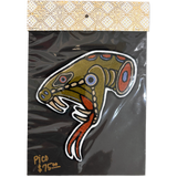 A stylized severed snake's head patch with a hand-drawn, pattern in olive green, red, blue, and white, displayed on a black backing card with a gold patterned header and a handwritten price of $75.