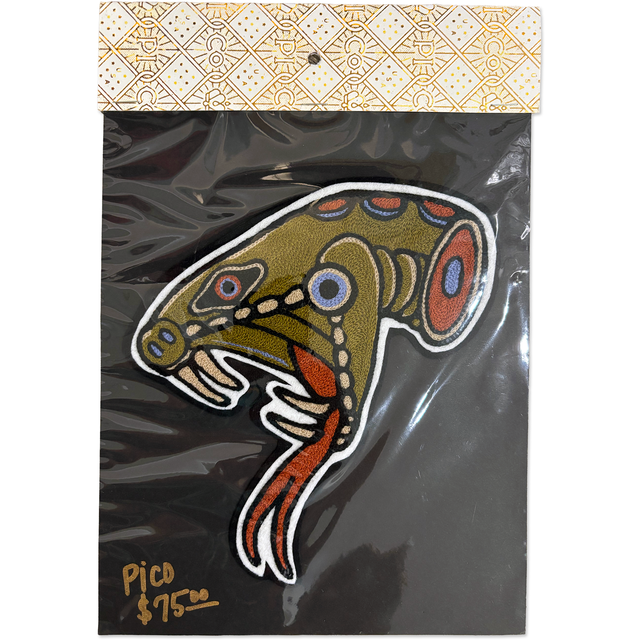 A stylized severed snake's head patch with a hand-drawn, pattern in olive green, red, blue, and white, displayed on a black backing card with a gold patterned header and a handwritten price of $75.