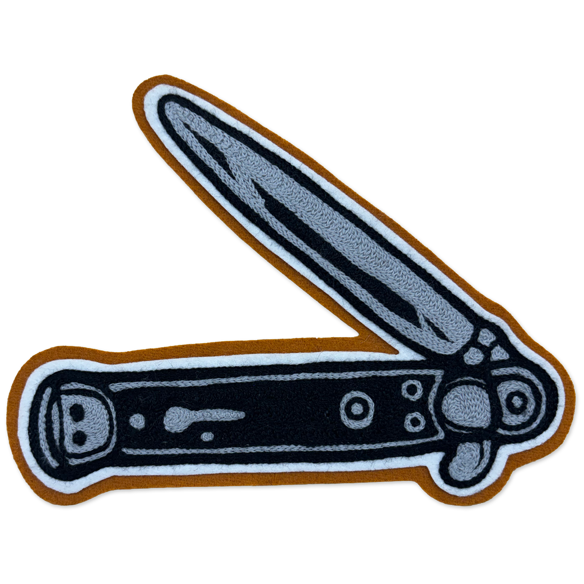 An embroidered patch of a folding pocket knife shown open, featuring a textured gray blade and handle with black details, a brown outer border, and a white inner outline, isolated on a white background.