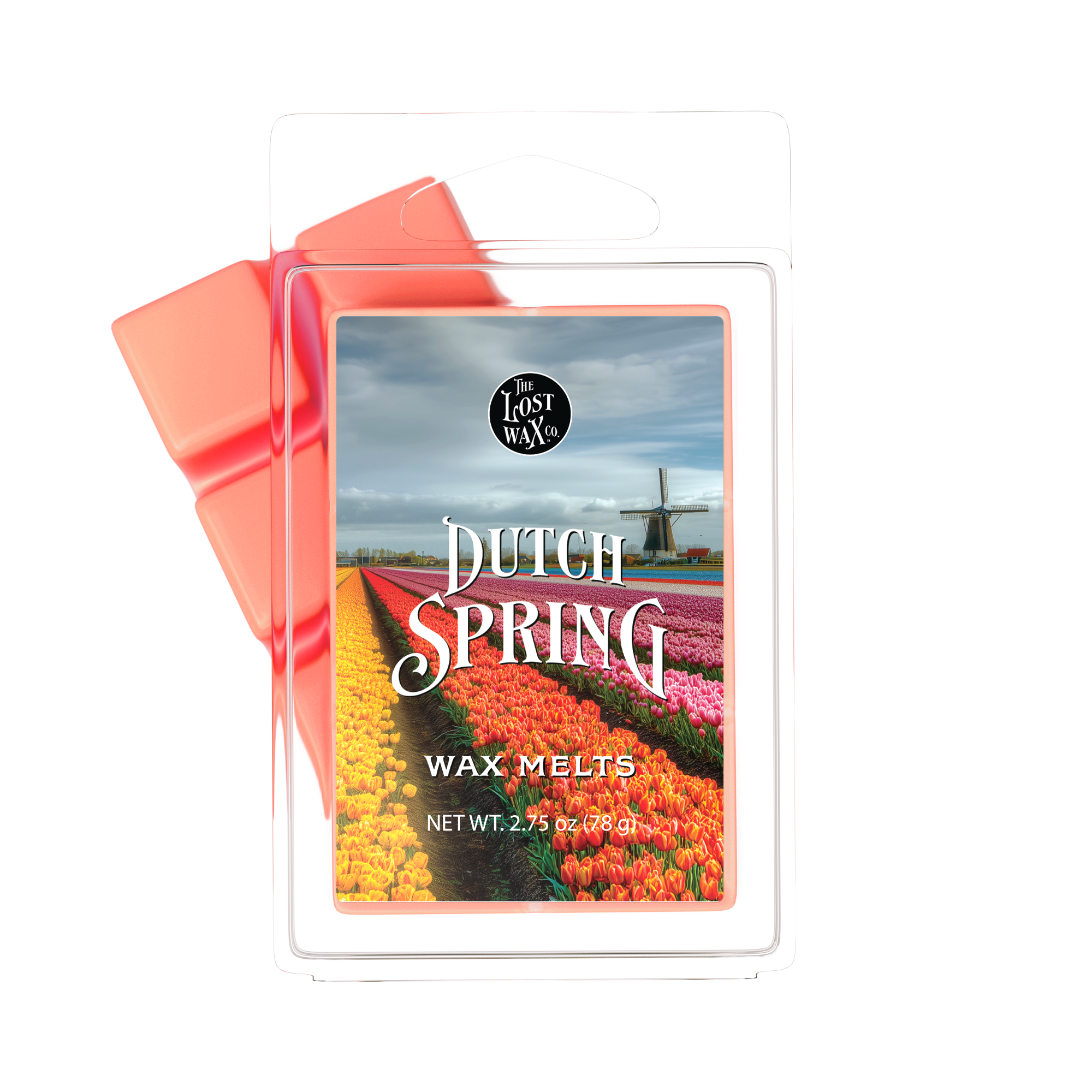 Wax melt packaging with 'Dutch Spring' design and windmill image on a white background