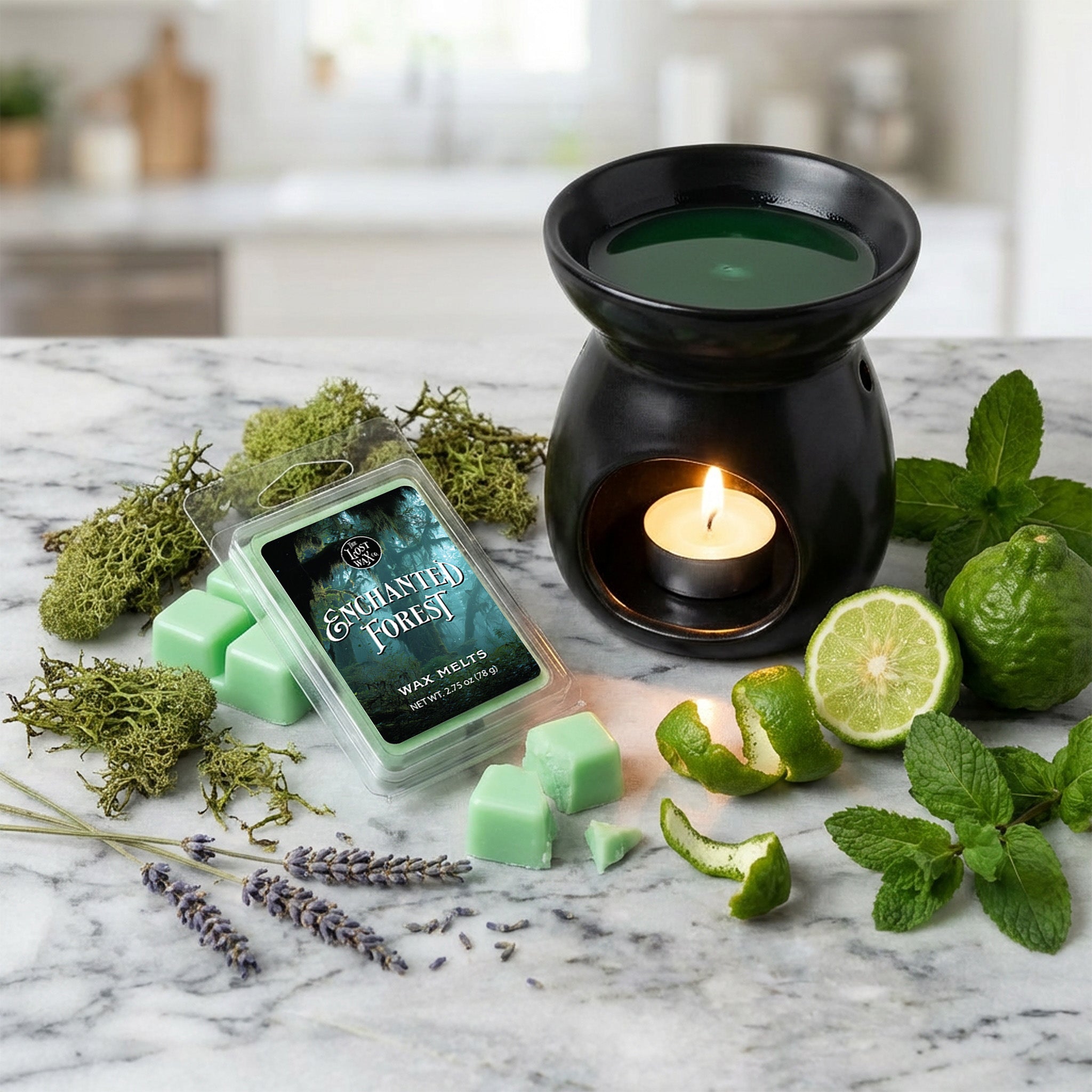 Wax melter with green wax and 'Enchanted Forest' wax melts packaging on a marble surface with greenery.