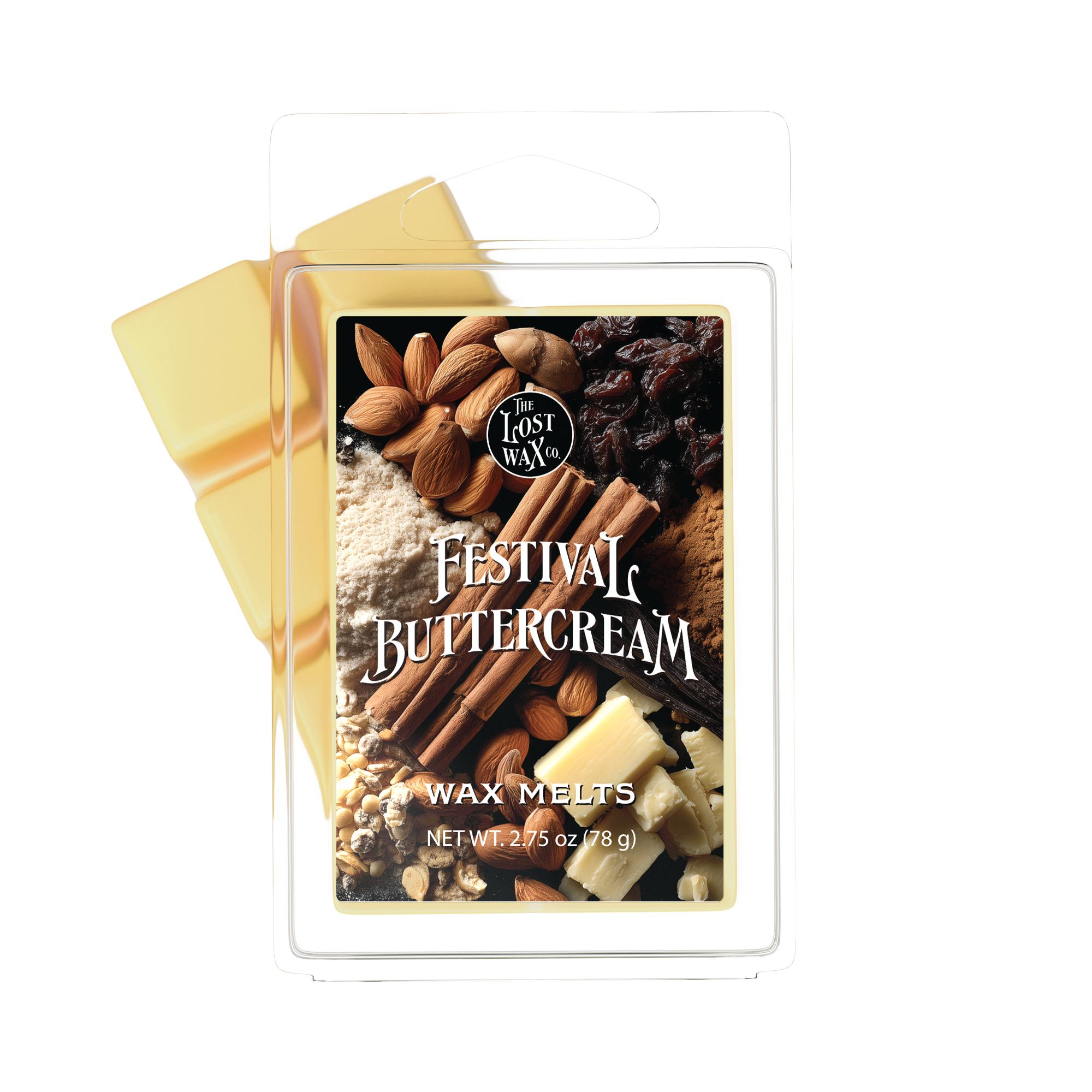 Festival Buttercream wax melts packaging with ingredients on a white background