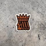 Screen printed vinyl die-cut sticker featuring a stylized prince wearing a crown, and a large teardrop.