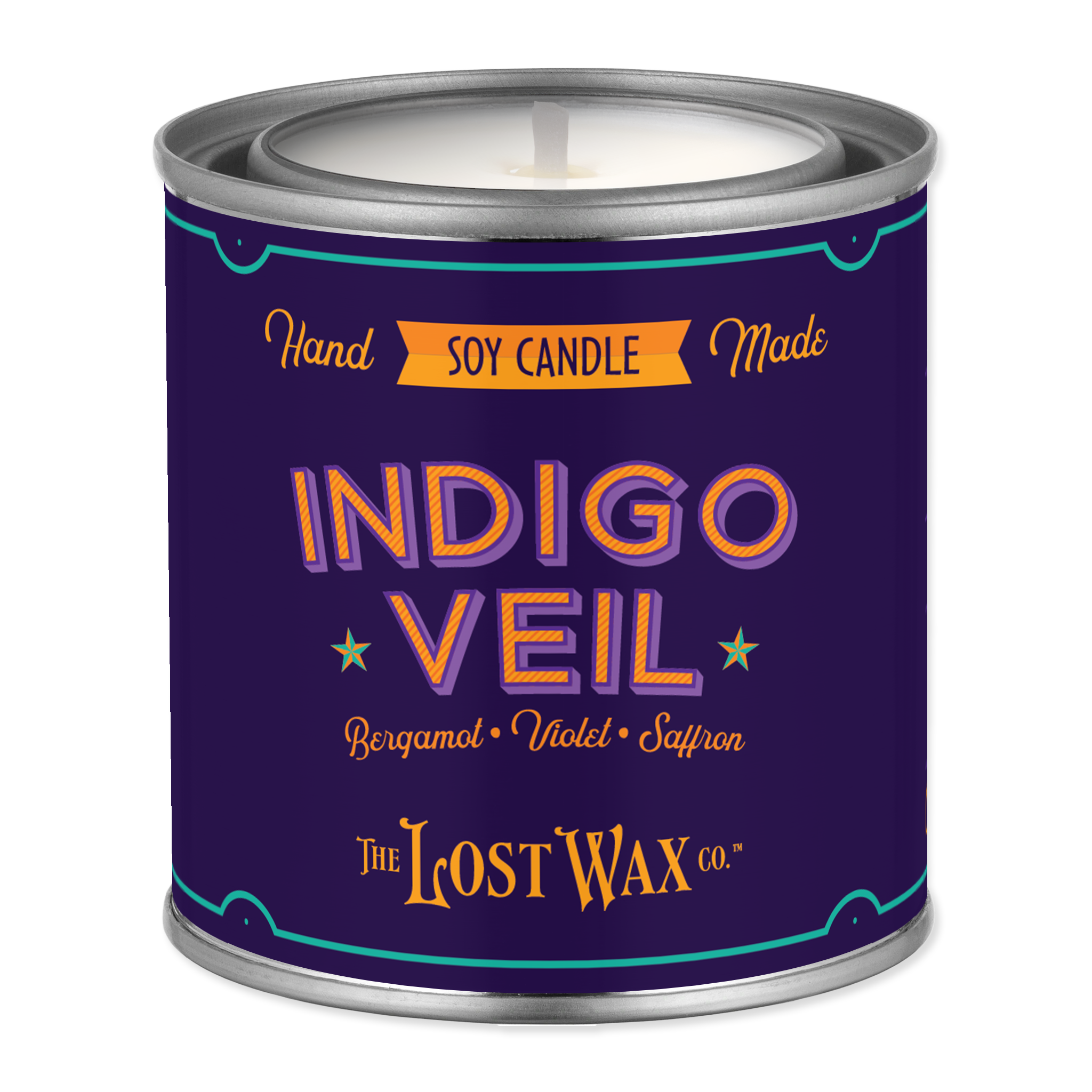 Candle in a purple canister with 'Indigo Veil' branding on a white background